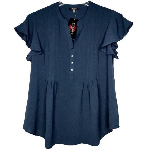 NWT Cocomo Plus Size 2X Navy Blue Pintuck Short Flutter Sleeve Top - Picture 1 of 5